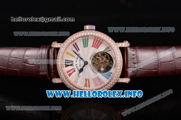 Franck Muller Color Dreams Swiss Tourbillon Manual Winding Rose Gold Case with Silver Dial Colorful Roman Numeral Markers and Diamonds Bezel (FT) - Click Image to Close